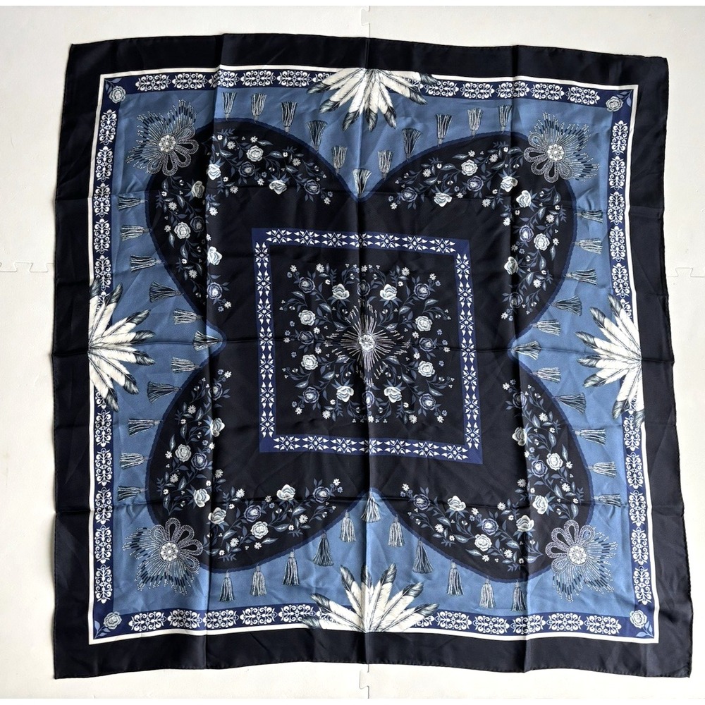 SANDRO Paris 100% Silk Scarf Floral Feathers Old Money 33.5"x 34" - Blue